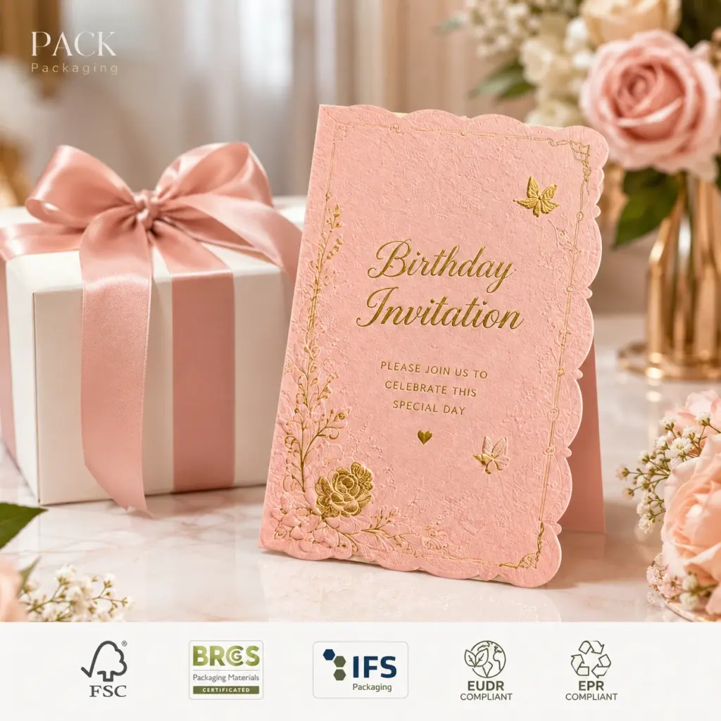 Personalized birthday greeting card with embossed design, gold foil logo and elegant paper texture for luxury stationery collections