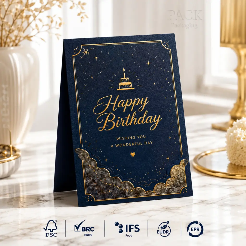 Custom luxury greeting card with gold foil stamping and embossed logo on premium textured paper for wedding invitations and brand gifts