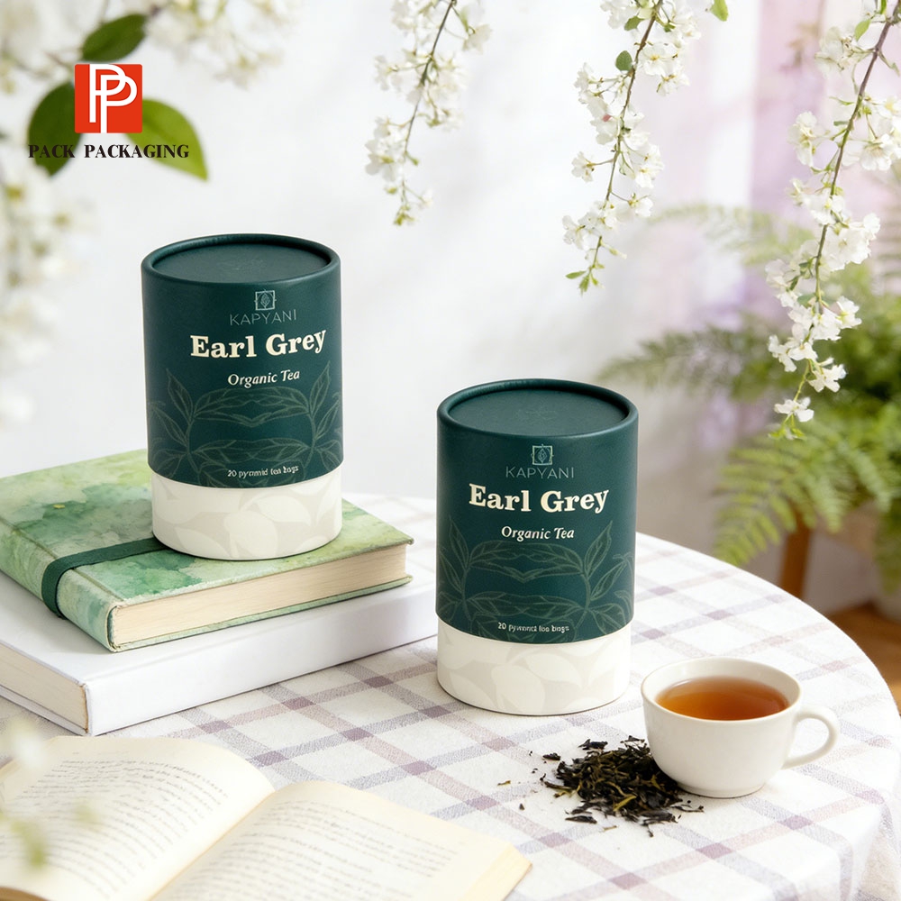 Custom printed tea cylinder box with gold foil logo